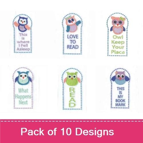 Owl & Accessories Embroidery Designs Bundle – Owl Bookmark, Pink High Heel Shoe, Cupcake with Owl & More (10 Designs)