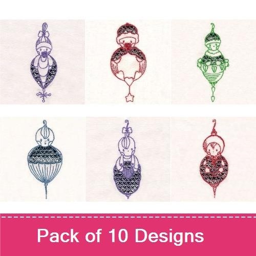 Redwork Skull & Ornament Embroidery Designs Bundle – Skull with Red Bandana, Angel Wing, Ornament with Red Bow & More (10 Designs)