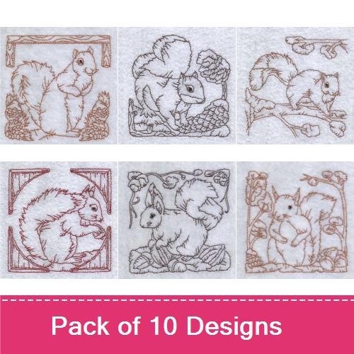 Redwork Squirrels & Clowns Embroidery Designs Bundle – Squirrel with Acorn, Clown with Flower & More (10 Designs)