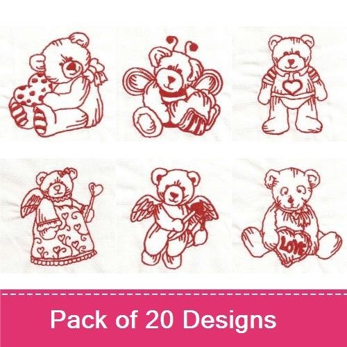 Redwork Valentine Teddies