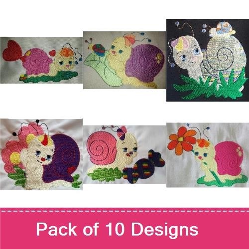 Applique Cute Snail Characters Embroidery Designs Bundle – Snail with Flower, Snail in Shell, Flower Snail & More (10 Designs)