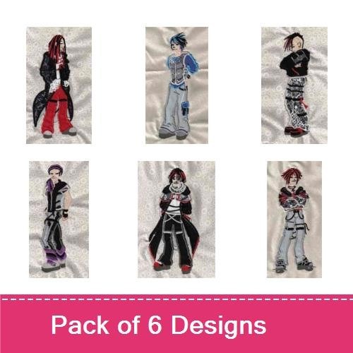 Applique Punk Characters Embroidery Designs Bundle – Red Hair, Blue Outfit, Mohawk & More (6 Designs)