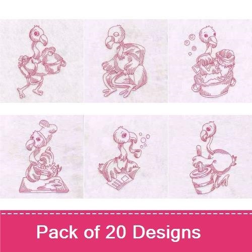 Working Flamingos Redwork