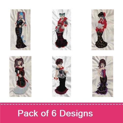 Applique Gothic Fashion Dolls Embroidery Bundle – Blue Hair, Red Dress, Long Black Hair & More (6 Designs)