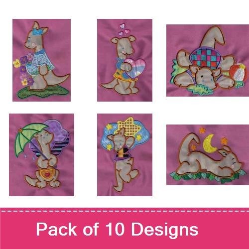 Applique Kangaroo Embroidery Bundle – Kangaroo with Flowers, Kangaroo Holding Heart, Kangaroo Sitting & More (10 Designs)