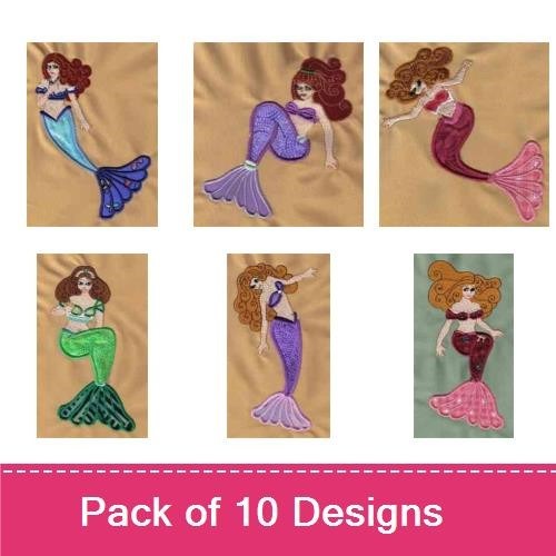 Applique Whimsical Mermaids Embroidery Designs Bundle – Mermaid with Red Hair, Purple Tail, Blue Tail & More (10 Designs)