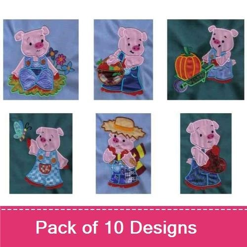 Applique Playful Piglet Embroidery Bundle – Piglet with Flowers, Piglet with Basket, Piglet with Scarf & More (10 Designs)
