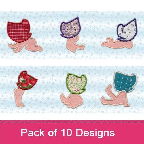 Applique Vintage Baby Bonnet Embroidery Designs Bundle – Red Plaid, Blue Polka Dot, Green Floral & More (10 Designs)