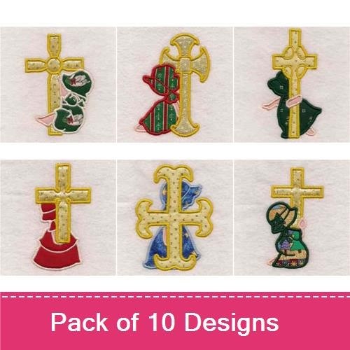 Applique Sunbonnet Sue with Crosses Embroidery Bundle – Sunbonnet Sue with Red Dress, Cross with Floral Design & More (10 Designs)