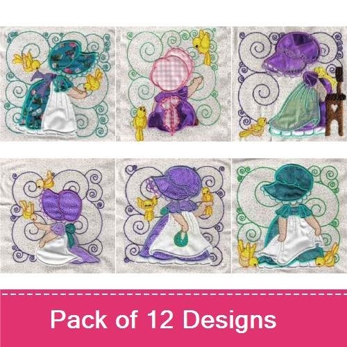 Applique Sunbonnet Sue Embroidery Designs Bundle – Sue with Teddy Bear, Pitchfork, Flower Basket & More (12 Designs)