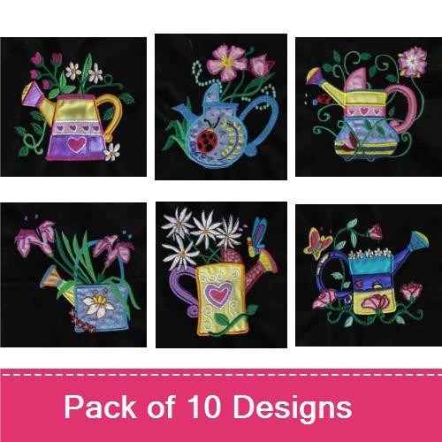 Applique Watering Can Embroidery Designs Bundle – Watering Can with Flowers, Colorful Watering Can, & More (10 Designs)