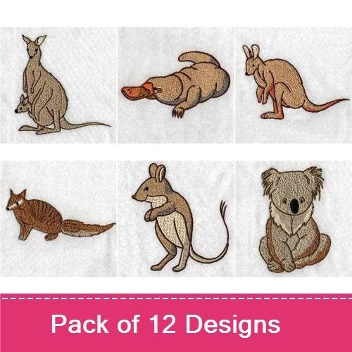 Australian Wildlife Embroidery Bundle – Crocodile, Kangaroo, Koala with Baby & More (12 Designs)