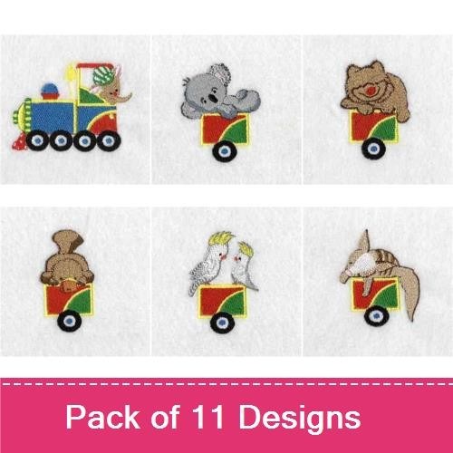 Animal Train Embroidery Bundle – Koala, Bear, Elephant, Penguin & More (11 Designs)