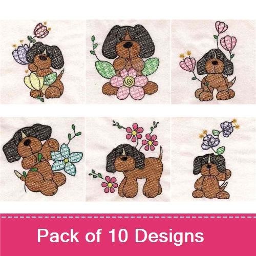 Dog Embroidery Bundle – Flower & Puppy Designs (10 Designs)