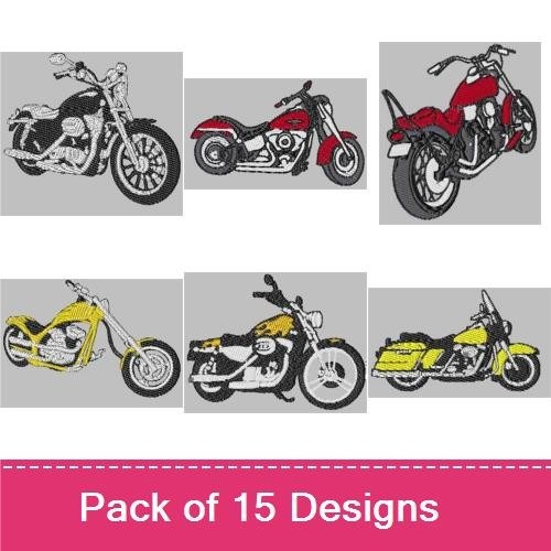 Motorcycle Adventures Embroidery Designs Bundle – Motorcycle Rider in Red, Biker on Green Motorcycle, & More (15 Designs)