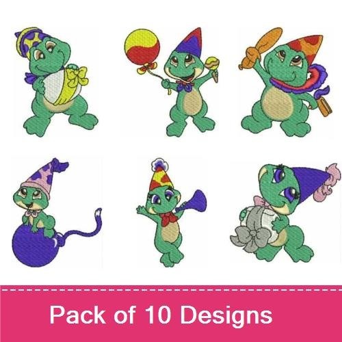 Party Turtles Embroidery Designs Bundle – Birthday Turtle with Cake, Turtle with Balloon, Turtle with Cupcake & More (10 Designs)