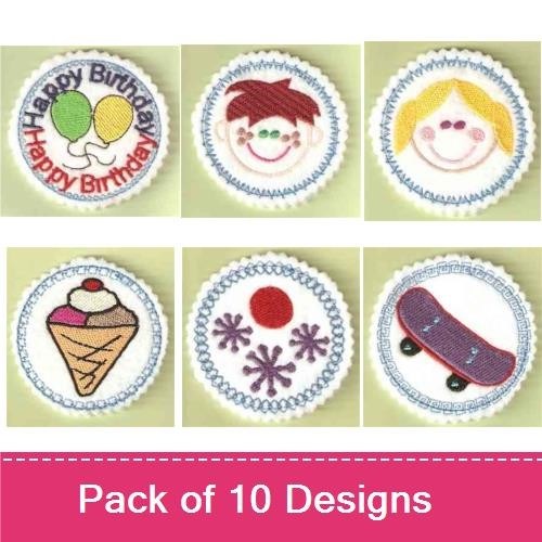 Kids Birthday Motifs Embroidery Designs Bundle – Happy Birthday Balloons, Birthday Cake with Candle, Gift Box & More (10 Designs)