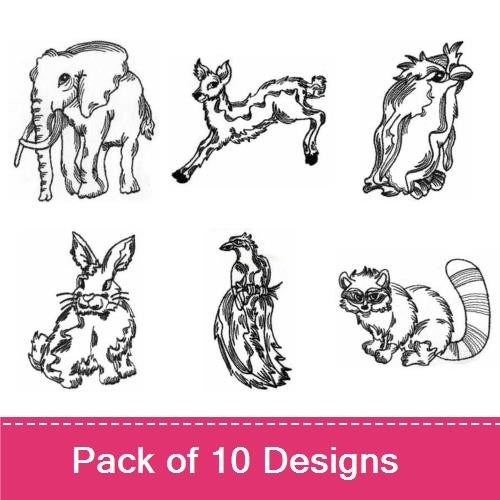 Redwork Whimsical Animal Embroidery Bundle – Elephant, Deer, Penguin & More (10 Designs)