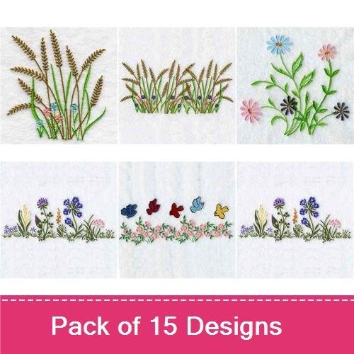 Wildflower & Grass Embroidery Designs Bundle – Blue Wildflower, Pink Flower Bouquet, Daisy Cluster & More (15 Designs)