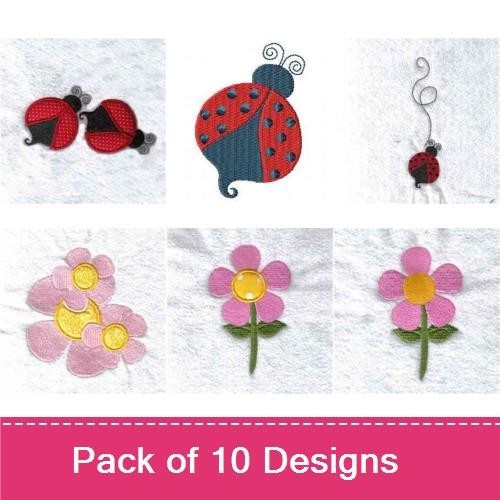 Ladybug & Flower Embroidery Designs Bundle – Ladybug Pair, Red Ladybug, Pink Flower & More (10 Designs)