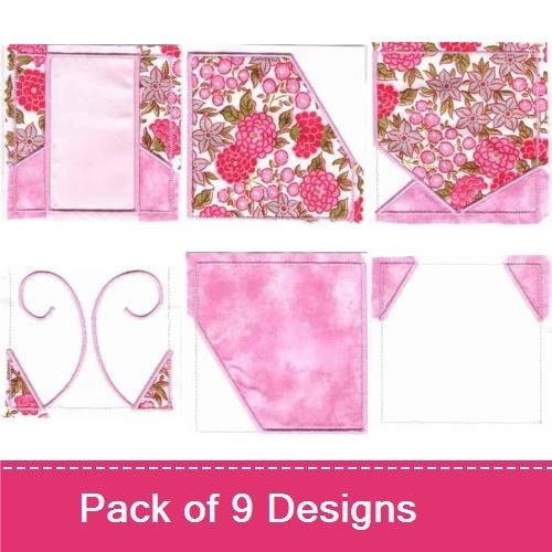 Applique Pink Floral Patchwork Embroidery Bundle – Squares, Corners, Borders & More (9 Designs)