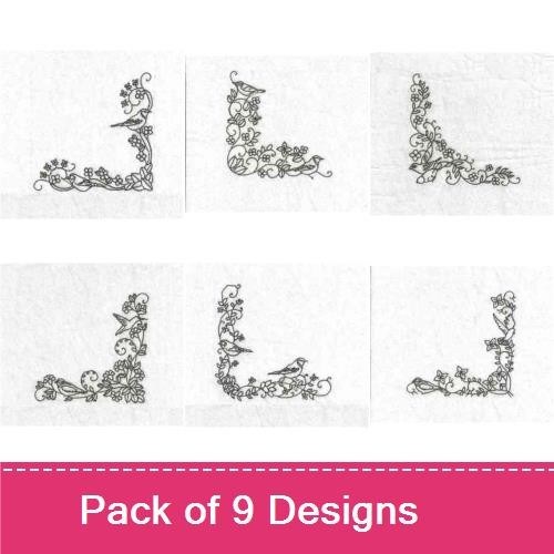 Redwork Bird & Floral Corner Embroidery Bundle – Bird in Floral Corner, Floral Accents Corner & More (9 Designs)