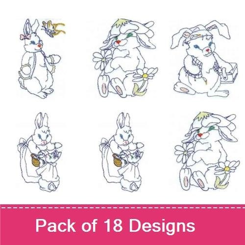 Redwork Whimsical Bunnies Embroidery Designs Bundle – Bunny in Nightgown, Bunny with Carrot Basket & More (18 Designs)