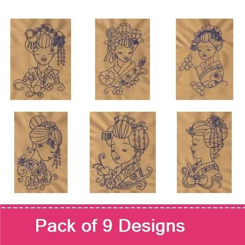 Redwork Elegant Geisha Portraits Embroidery Bundle – Geisha with Floral Accents, Geisha with Lantern, & More (9 Designs)