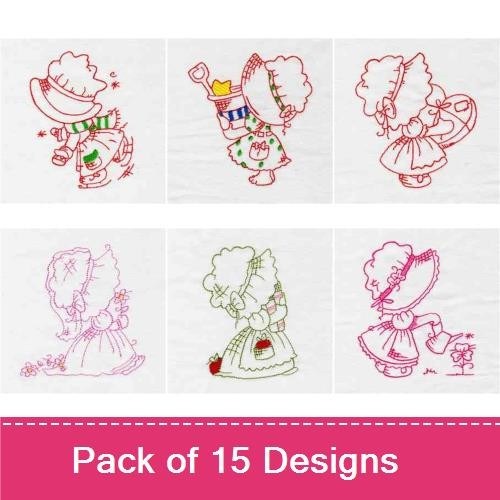 Redwork Vintage Sunbonnet Sue Embroidery Designs Bundle – Sunbonnet Sue with Flowers, Umbrella, & More (15 Designs)