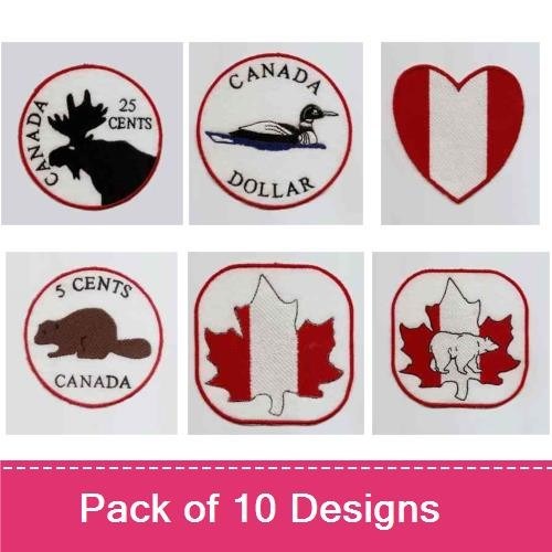 Redwork Canadian Coins & Symbols Embroidery Designs Bundle – Bear, Maple Leaf, Canada Flag & More (10 Designs)
