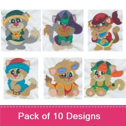 Applique Playful Cat Characters Embroidery Designs Bundle – Pirate Cat, Hipster Cat, Cowboy Cat & More (10 Designs)