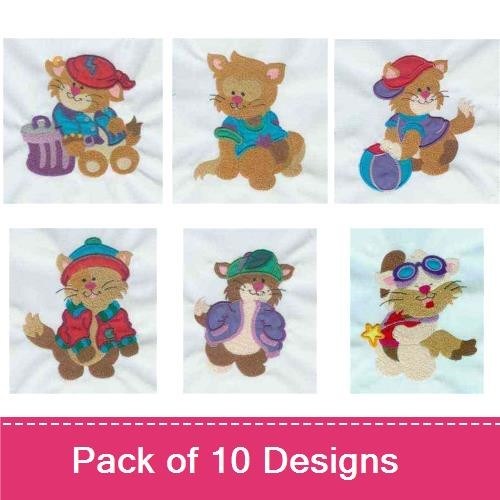Playful Kittens Embroidery Designs Bundle – Kitten with Hat and Trash Can, Kitten in Green Outfit, & More (10 Designs)