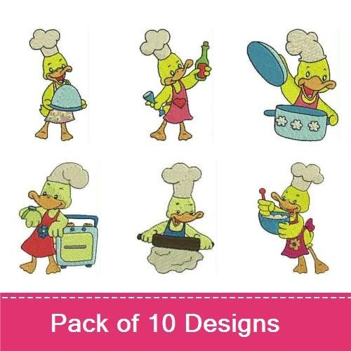 Chef Duck Cooking Embroidery Bundle – Chef Duck Stirring Pot, Chef Duck with Covered Dish, & More (10 Designs)