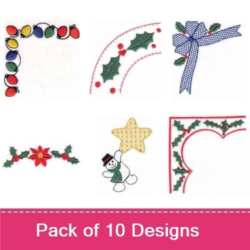 Christmas Corner Embroidery Designs Bundle – Poinsettia, Holly Border, Christmas Bell & More (10 Designs)
