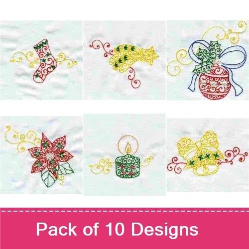 Christmas Decorations Embroidery Designs Bundle – Stocking, Candy Cane, Ornament & More (10 Designs)