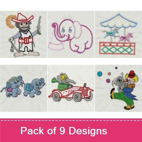 Circus Animals Embroidery Designs Bundle – Lion on a Bowl, Circus Performer, Clown with Hat & More (9 Designs)
