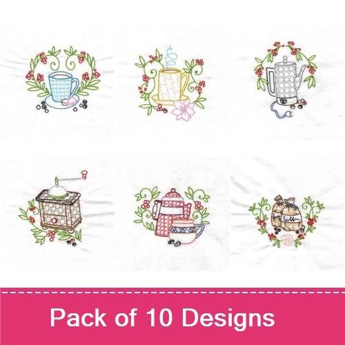 Vintage Coffee and Tea Embroidery Designs Bundle – Moka Pot, Teacup, Coffee Grinder & More (10 Designs)