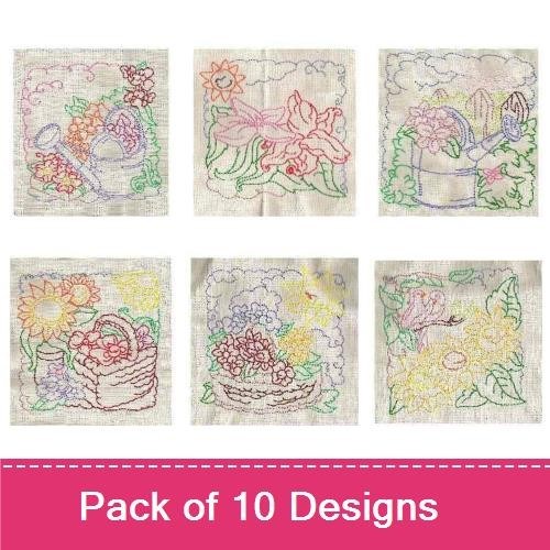 Redwork Vintage Floral Embroidery Designs Bundle – Watering Can with Flowers, Flower Basket with Lilies & More (10 Designs)