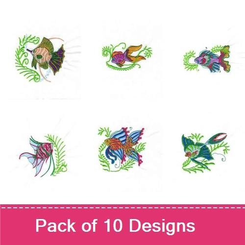 Colorful Tropical Fish Embroidery Designs Bundle – Tropical Fish with Foliage, Purple Tropical Fish, Angelfish & More (10 Designs)