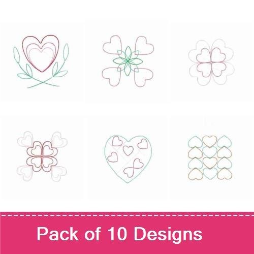 Redwork Hearts & Floral Embroidery Designs Bundle – Heart with Flowers, Outline Heart Bouquet & More (10 Designs)