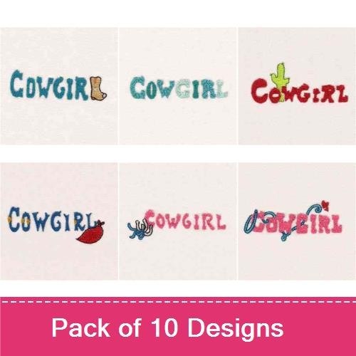 Cowgirl Embroidery Designs Bundle – Cowgirl with Boot, Cowgirl Text with Flower, Cowgirl Text with Star & More (10 Designs)