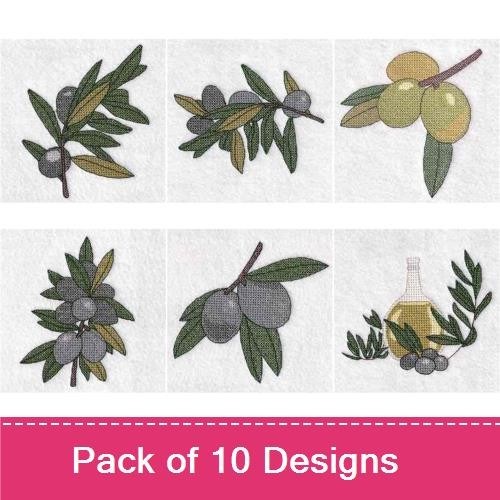 Olive Branch & Oil Embroidery Designs Bundle – Olive Oil Bottle, Olive Branch with Black Olives & More (10 Designs)