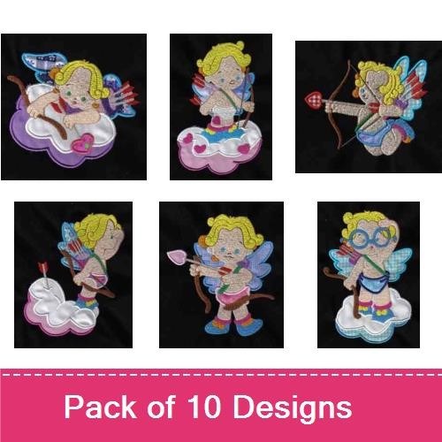 Applique Cupid and Cherubs Embroidery Bundle – Cupid on Cloud, Cherub with Heart, Cherub with Arrow & More (10 Designs)