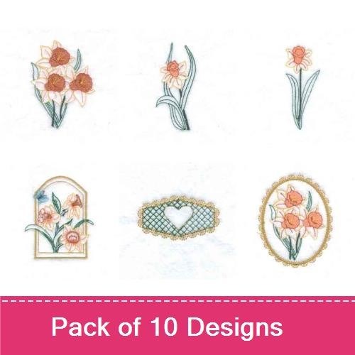 Floral Daffodil Embroidery Bundle – Daffodil Bouquet, Daffodil Stem, & More (10 Designs)