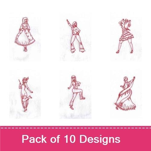 Redwork Vintage Dance Figures Embroidery Bundle – Dancing Girl in Dress, Dancer with Skirt, Ballet Dancer & More (10 Designs)