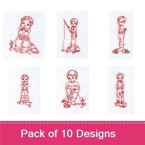 Redwork Vintage Boys Embroidery Designs Bundle – Boy with Flower, Boy Catching Fish, Boy Playing & More (10 Designs)