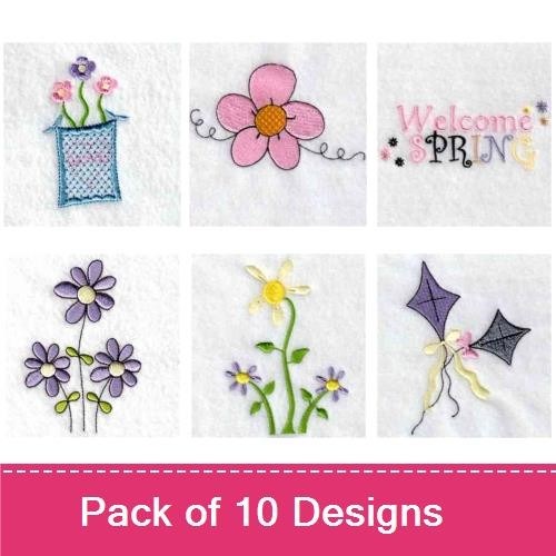 Floral Embroidery Designs Bundle – Smiling Flower, Welcome Spring Design, Blue Flower & More (10 Designs)