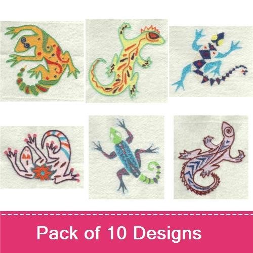 Colorful Gecko Embroidery Designs Bundle – Green Gecko with Red Accent, Colorful Spotted Gecko, & More (10 Designs)