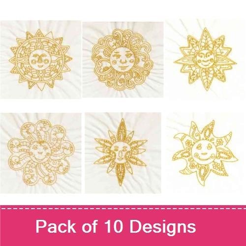 Sun Faces Embroidery Designs Bundle – Smiling Expression, Ornate Sun, Celestial Details & More (10 Designs)