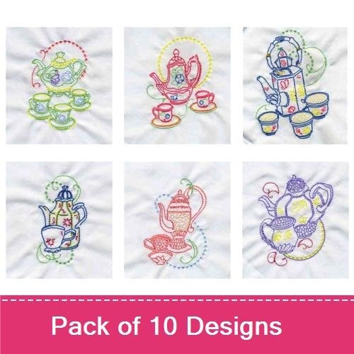 Redwork Teapot & Teacup Embroidery Designs Bundle – Teapot with Cups, Decorative Teapot, Teacup with Saucer & More (10 Designs)